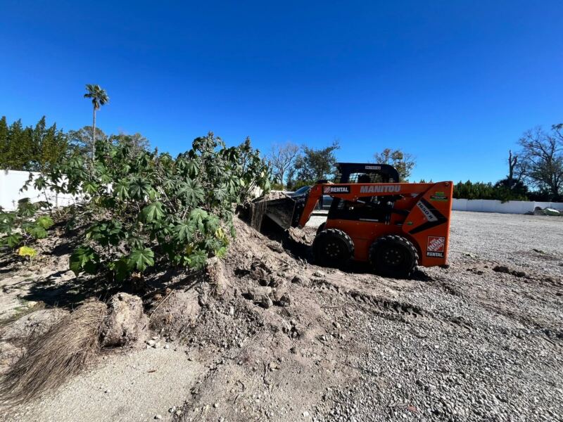 Skid steer clearing overgrowth from a lot