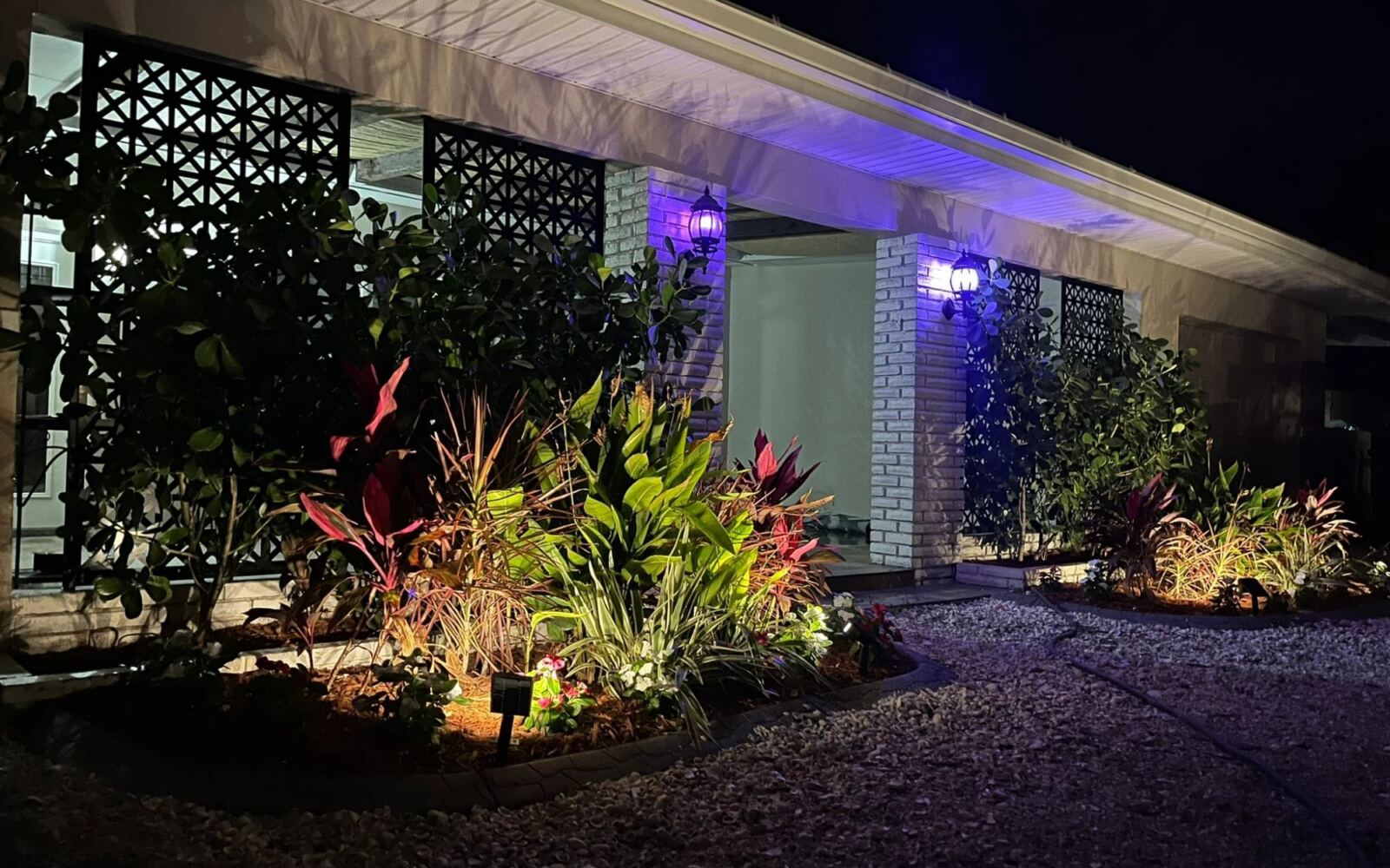 Front entry with landscape lighting on plantings at night