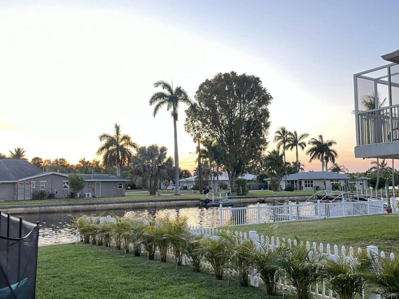 Row of palms planted along a white fence on a canal-front lawn