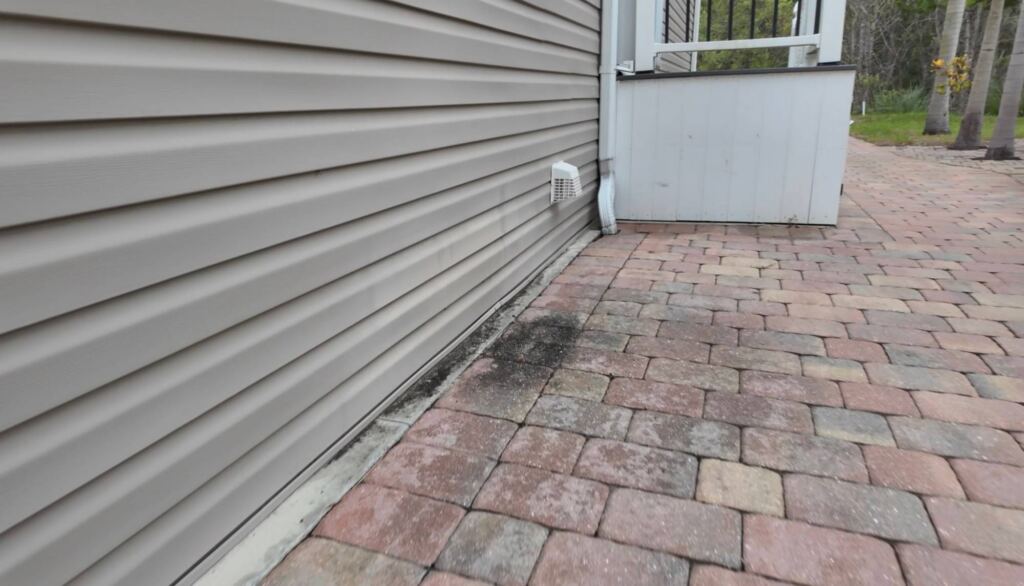 Paver walkway with dark staining and buildup before pressure washing