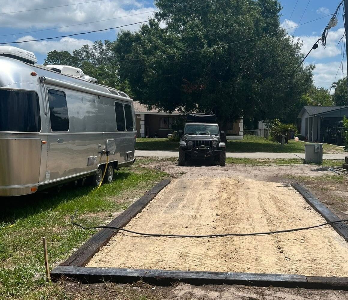 RV pad framed with timbers and a leveled base, in progress